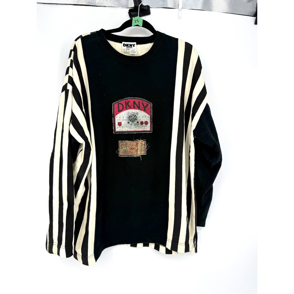 VTG 90s DKNY‎ Sport Striped Long Sleeve Sweatshirt Black White Logo Grunge Rare